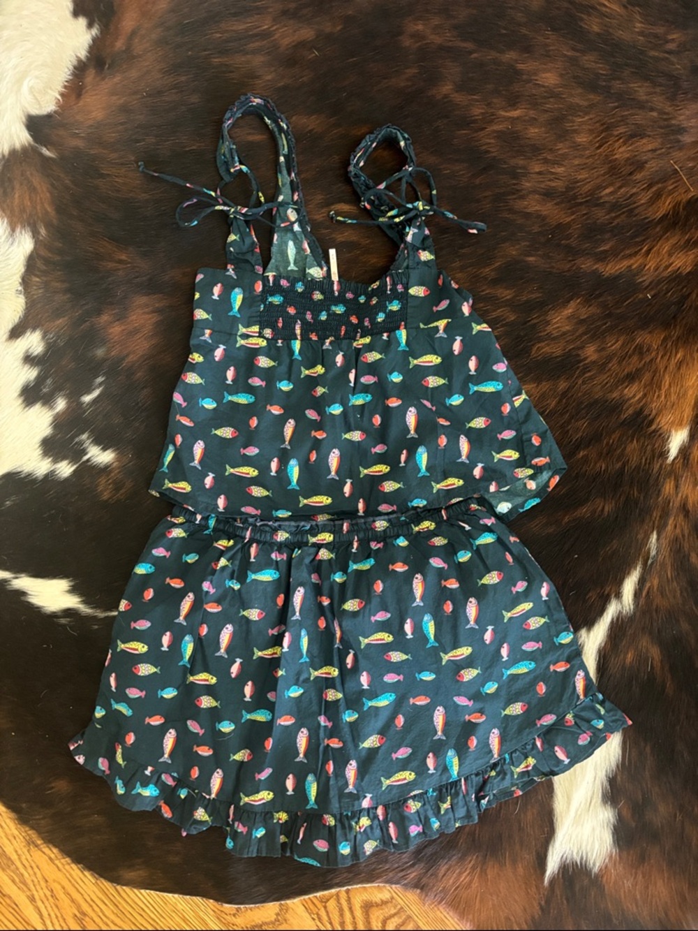 Free People Navy Two-Piece Tank & Ruffled Mini with Colorful Fish Print - Picture 3 of 3